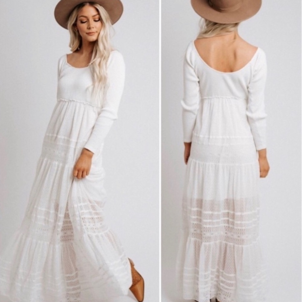 Free people Earth Angel cream ribbed lace long sleeve maxi dress XS NWOT